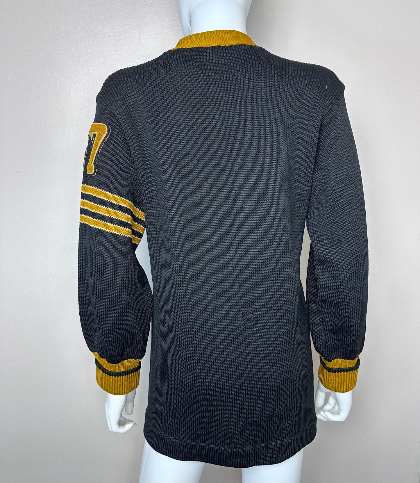 1960s Varsity Cardigan Sweater, Size Medium, Black and Gold, 67