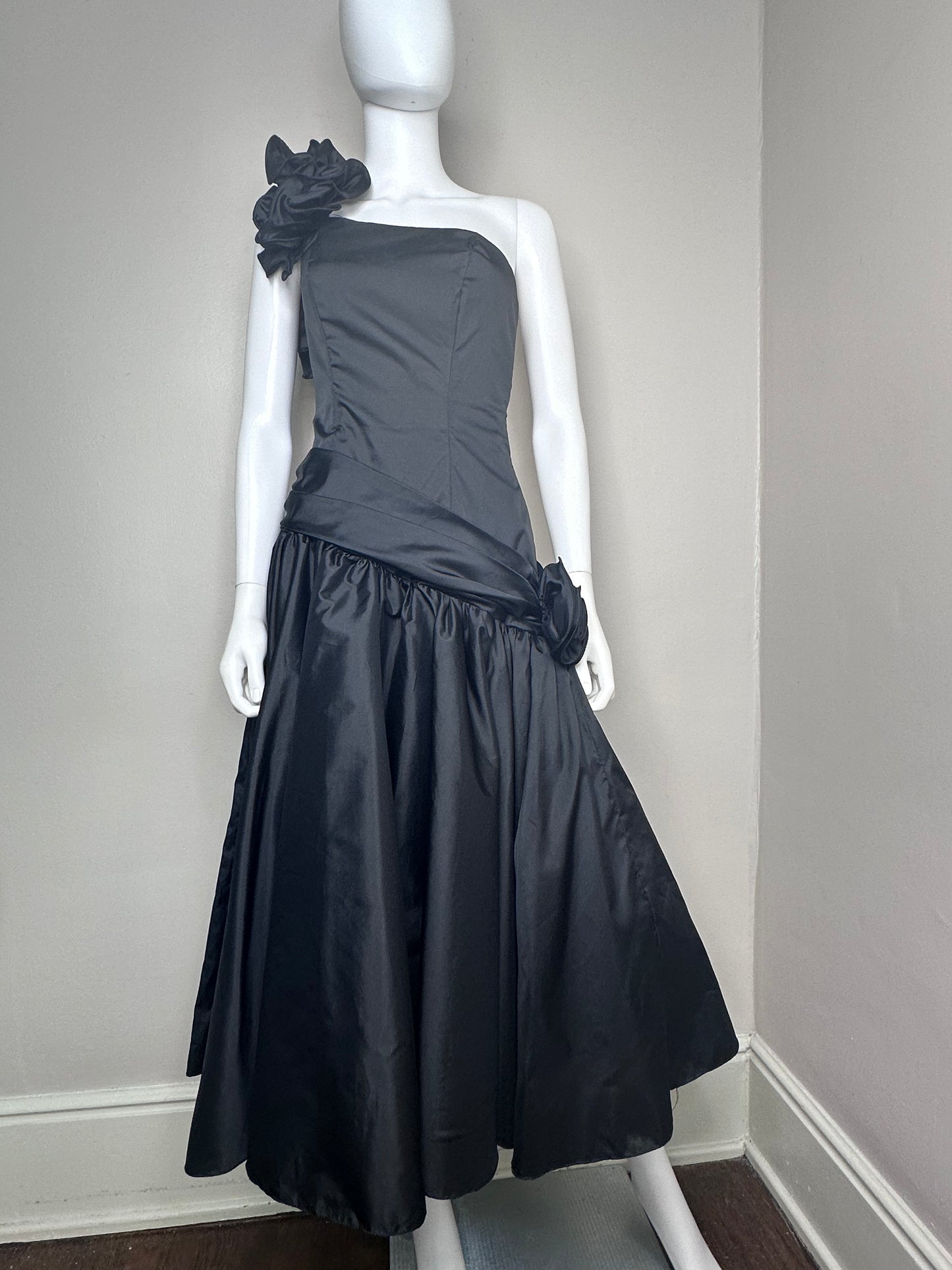 1980s Black Asymmetrical Formal Dress, Jasper Bros Size XS, 80s Prom