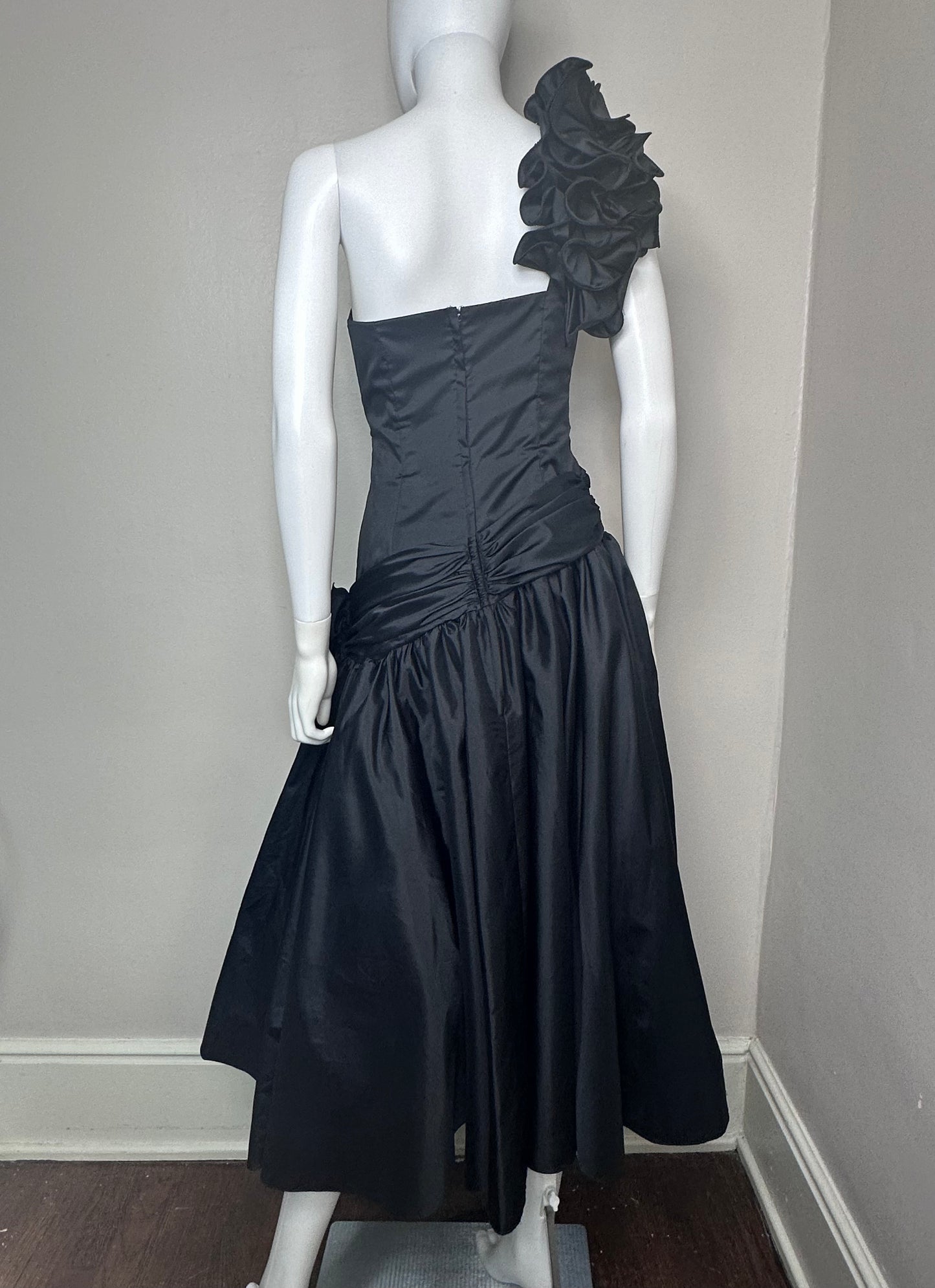 1980s Black Asymmetrical Formal Dress, Jasper Bros Size XS, 80s Prom