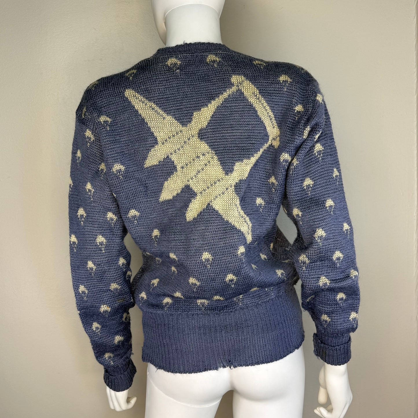 1940s Jantzen P-38 Sweater, Blue, Size 40, WW2 Fighter Jet Plane Novelty Knit