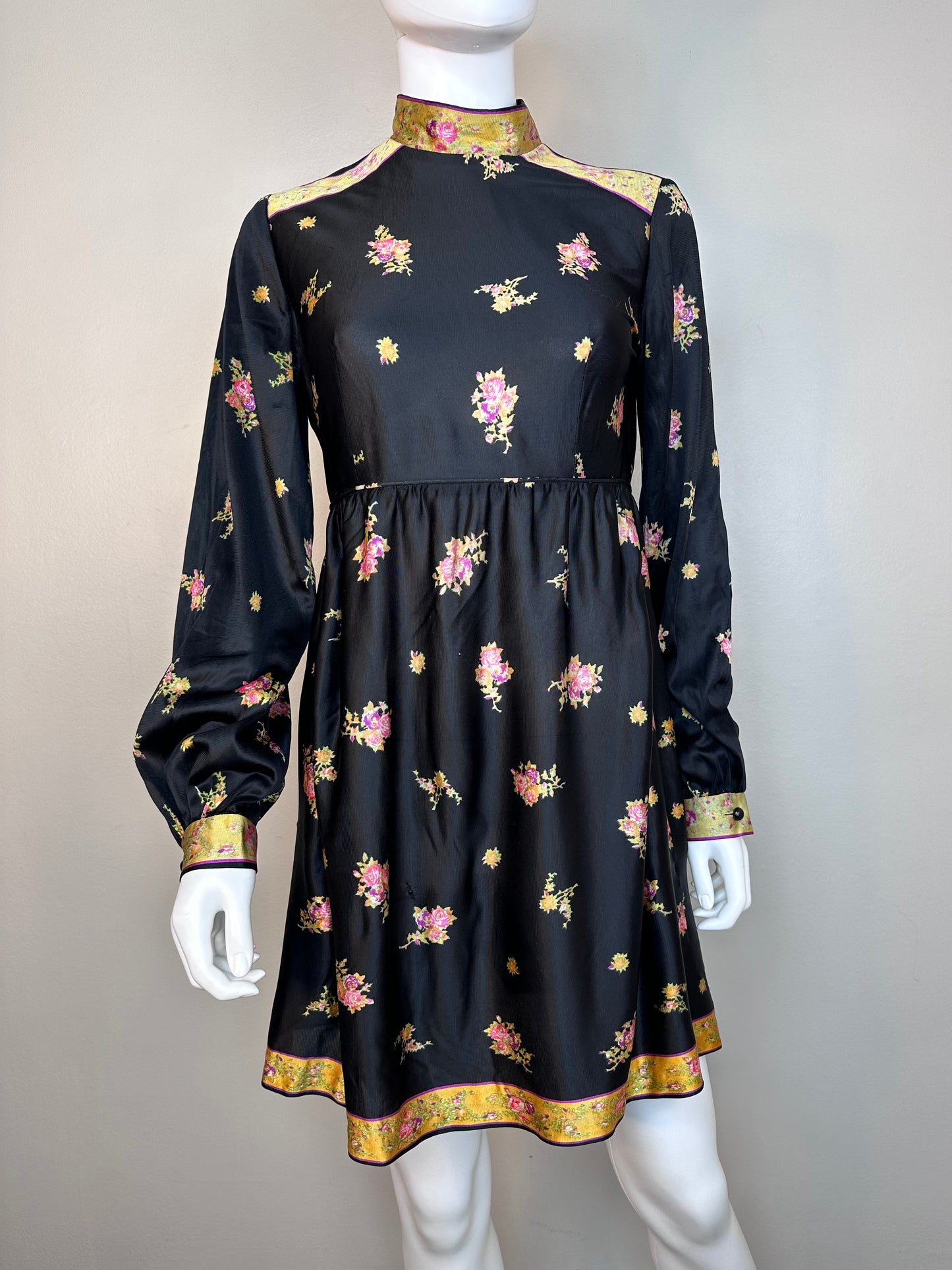 1960s Black Floral Long Sleeve Mini Dress, Lanz Size Small/Medium