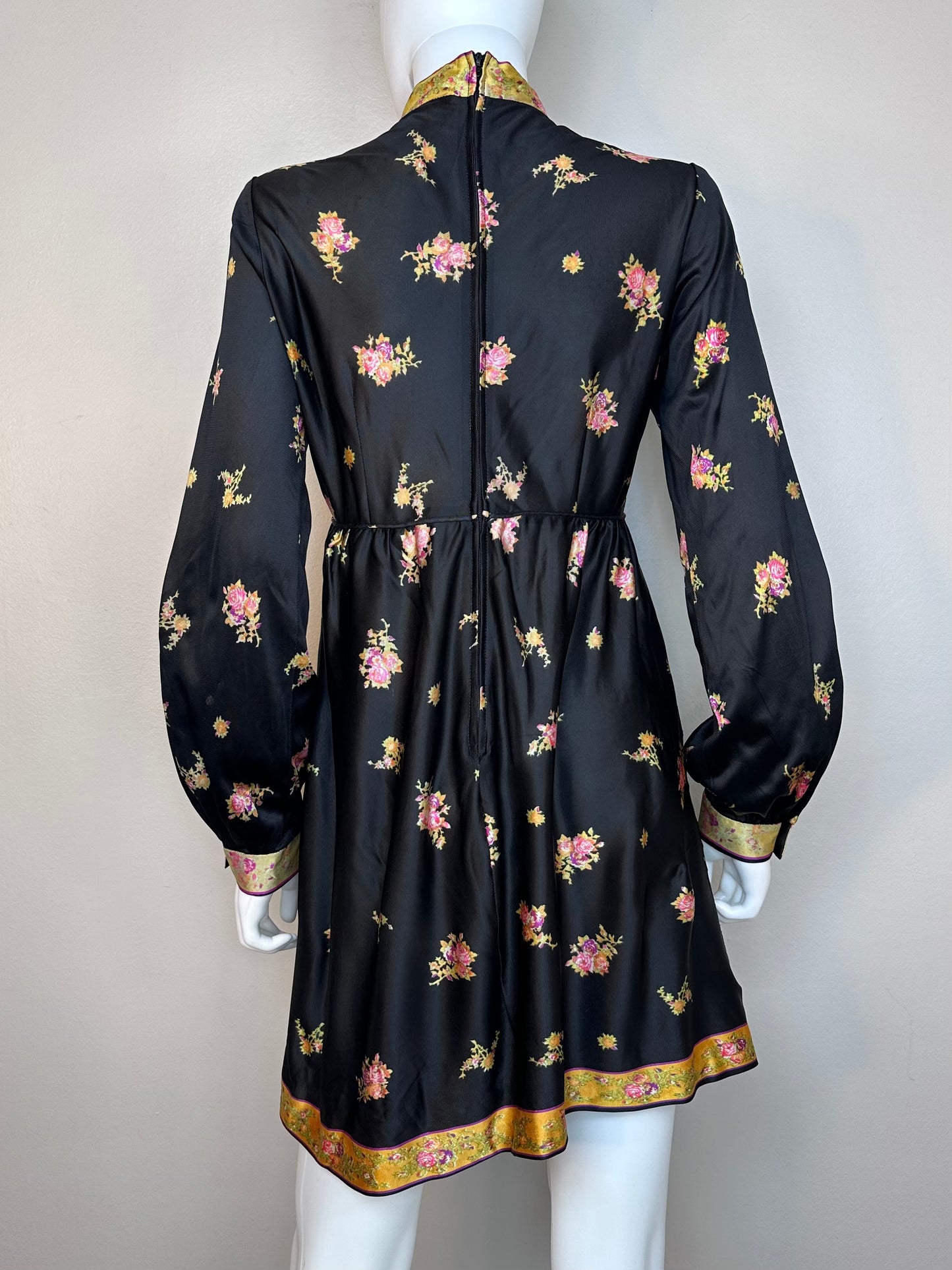 1960s Black Floral Long Sleeve Mini Dress, Lanz Size Small/Medium