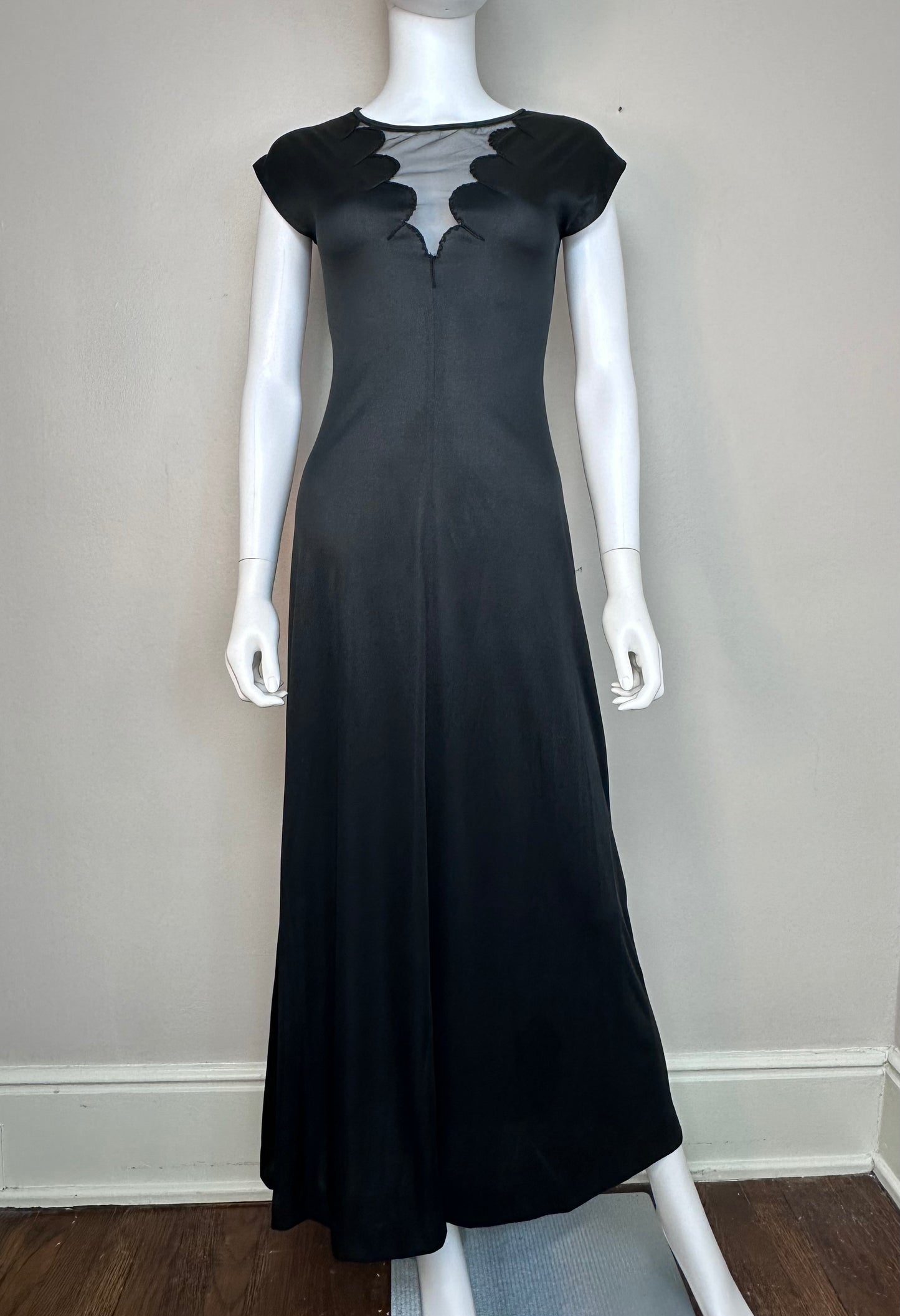 1970s Vampy Black Maxi Dress with Scalloped Sheer Panel, Young Innocent by Arpeja Size XXS