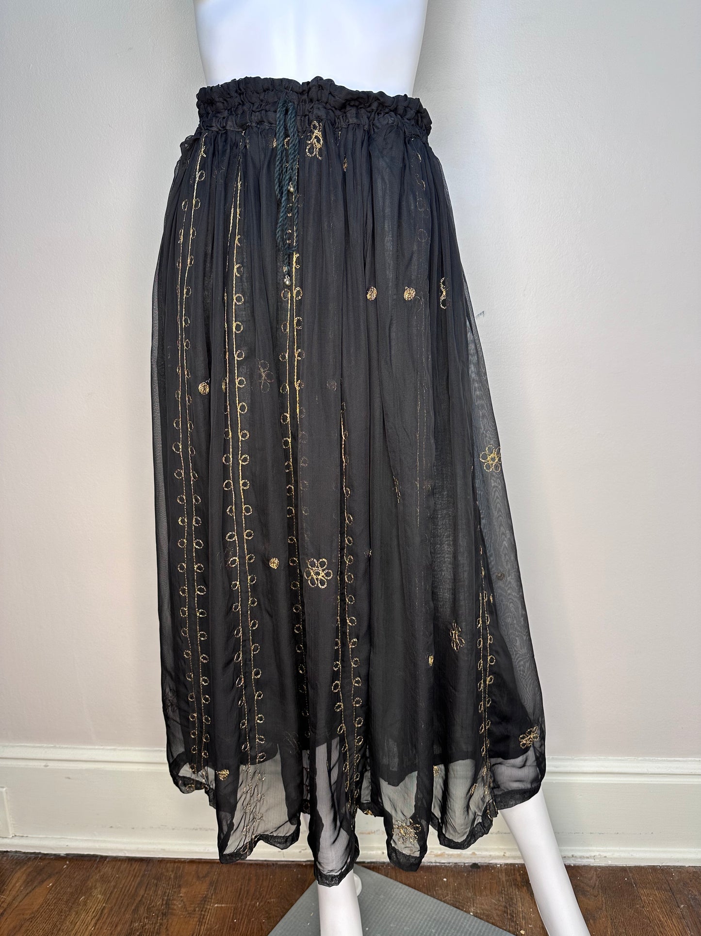 1990s Black Indian Rayon Maxi Skirt with Gold Metallic Embroidery, Andrew Sport Totally Smart New Generation Clothing Unspoiled