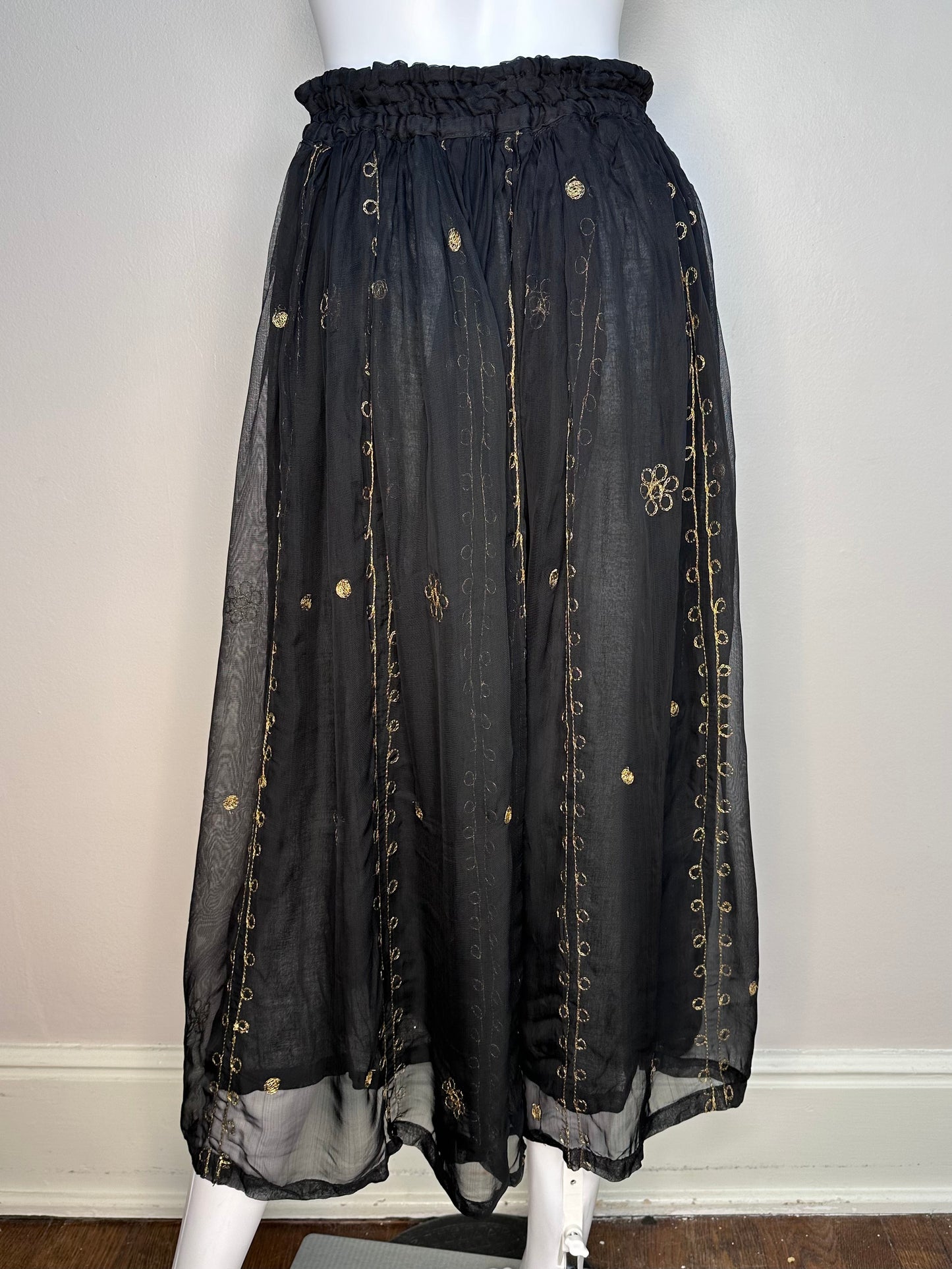 1990s Black Indian Rayon Maxi Skirt with Gold Metallic Embroidery, Andrew Sport Totally Smart New Generation Clothing Unspoiled