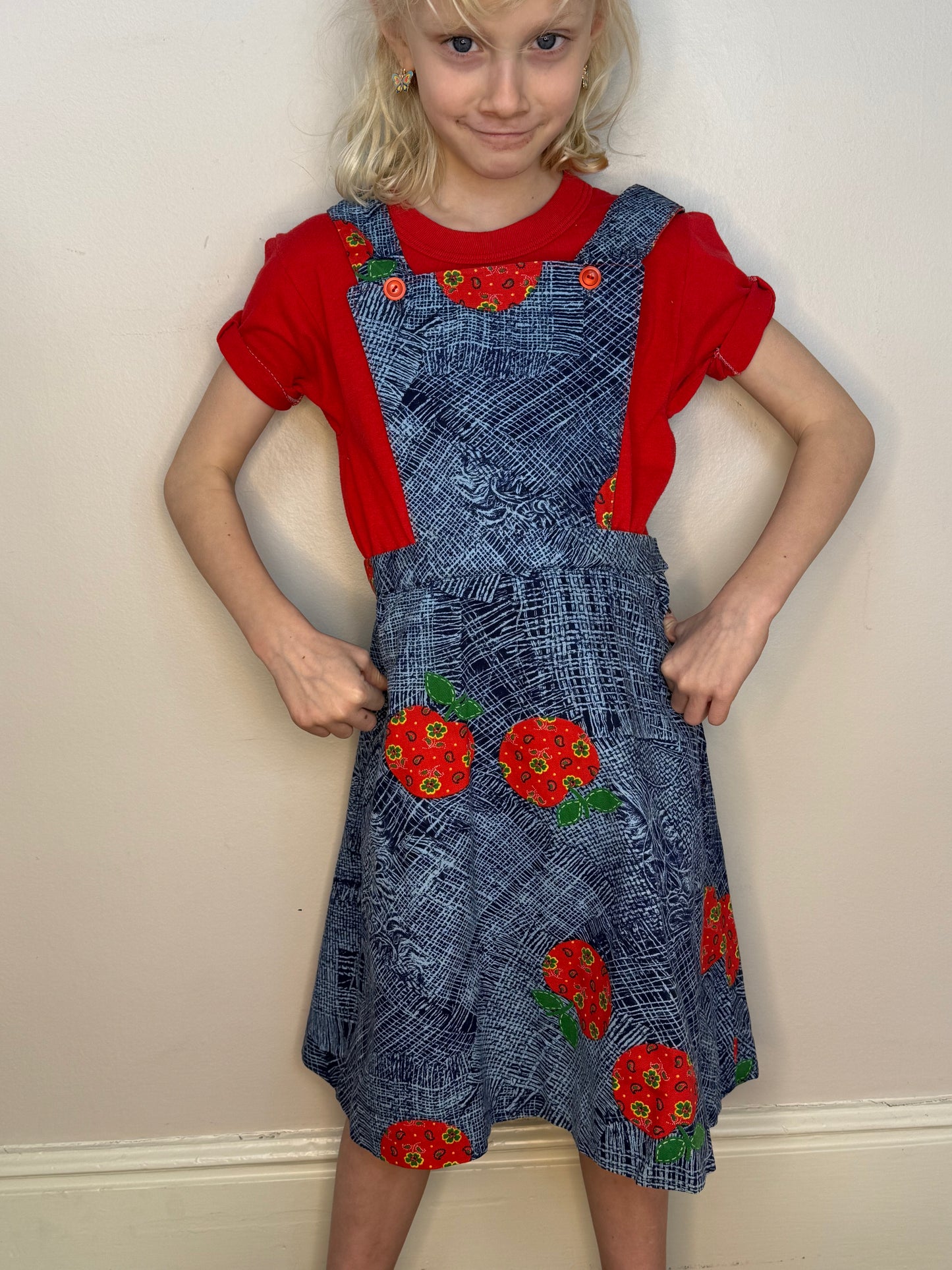 1970s Girls’ Jumper, Low Back Overall Dress, Apple Print, Handmade Size 8