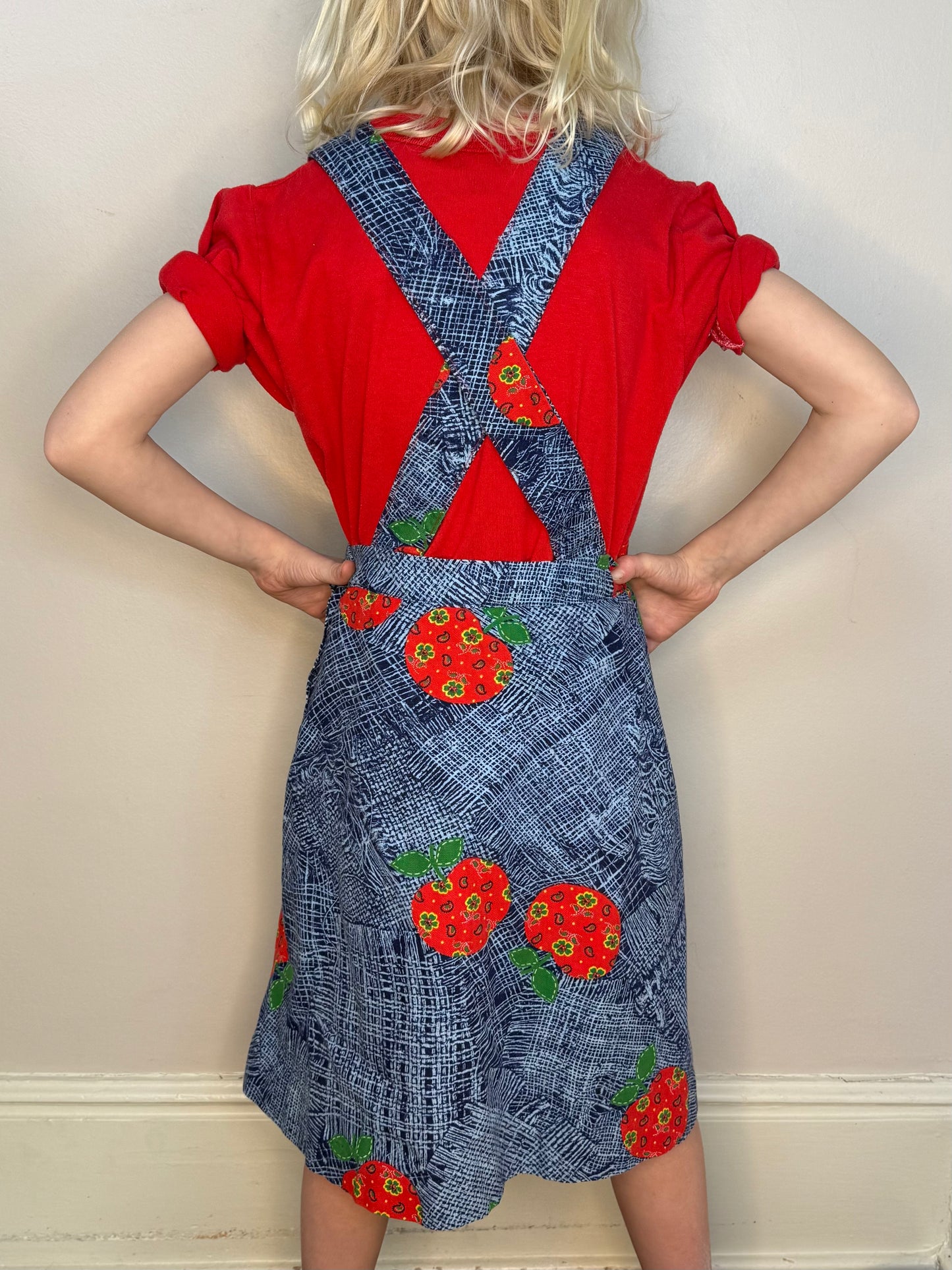 1970s Girls’ Jumper, Low Back Overall Dress, Apple Print, Handmade Size 8