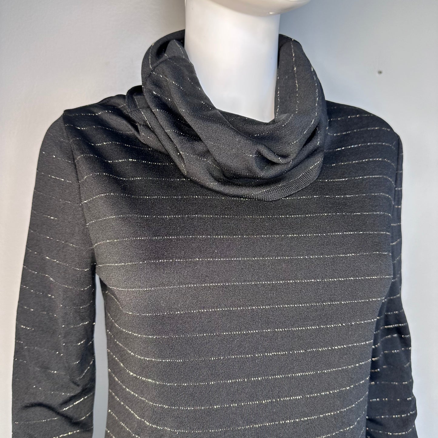 1970s Black and Silver Metallic Stripe Turtleneck Sweater, Pierre Cardin Size Medium