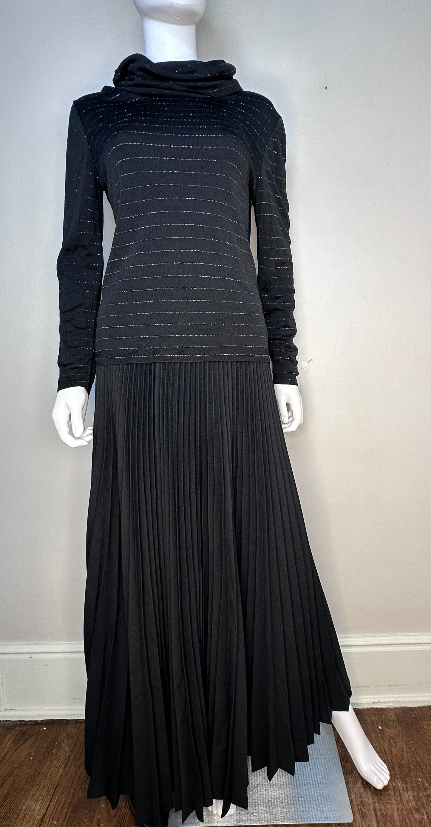 1970s Black and Silver Metallic Stripe Turtleneck Sweater, Pierre Cardin Size Medium