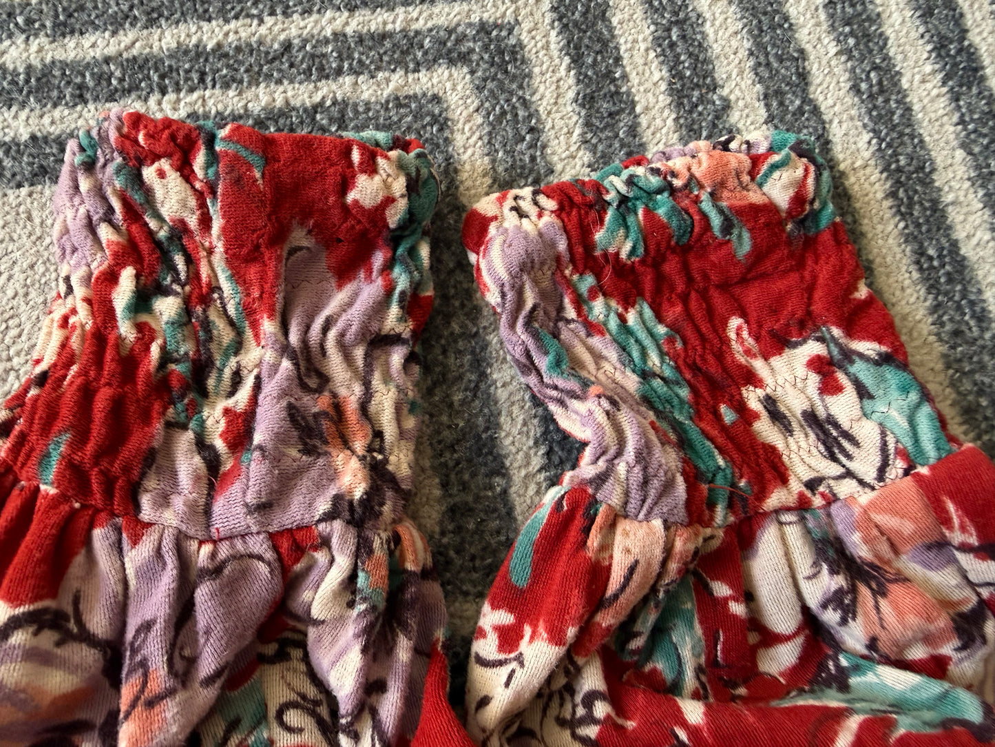 1970s Red Floral Maxi Dress, Jody T Size XS, Long Sleeve, Smocked Bodice, Full Skirt