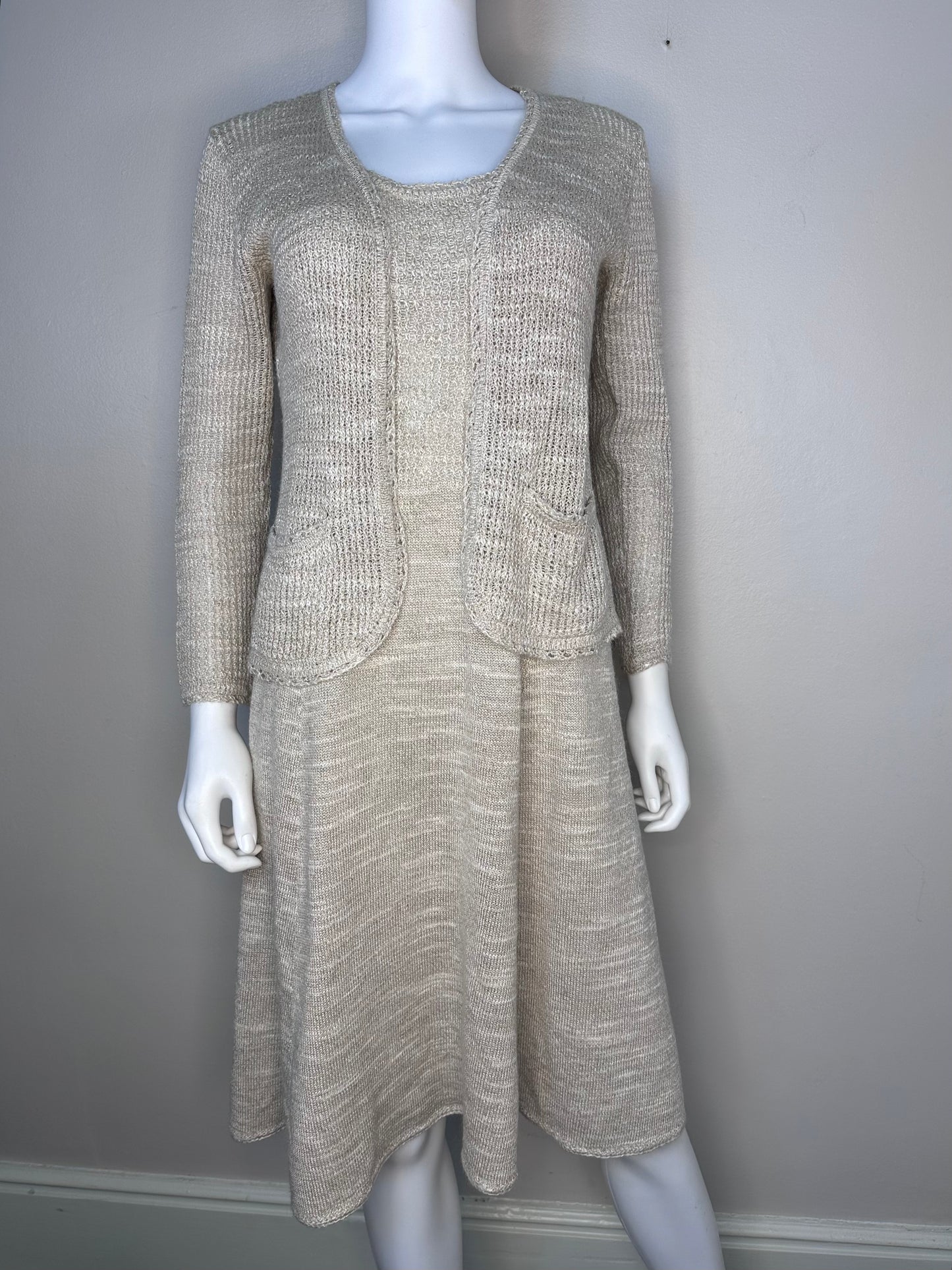 1970s Beige Knit Sleeveless Dress and Cardigan, St John Knits by Marie Gray Size Small