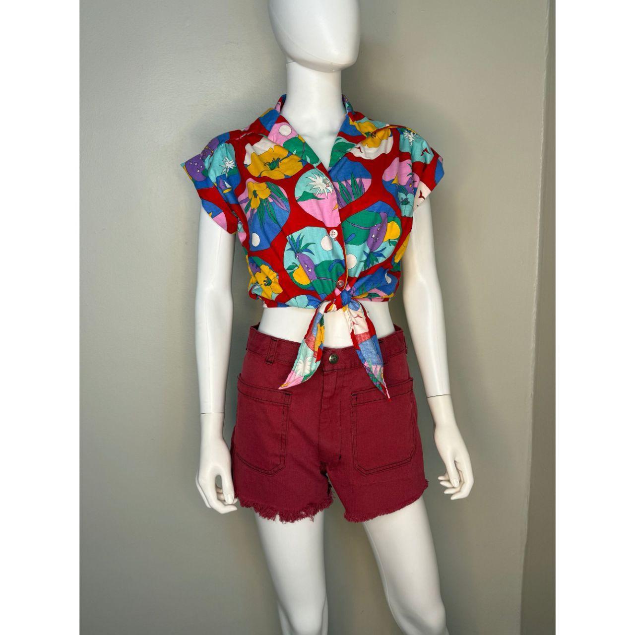 1980s Cropped Tie Front Blouse, Size S/M, Tropical Print Top