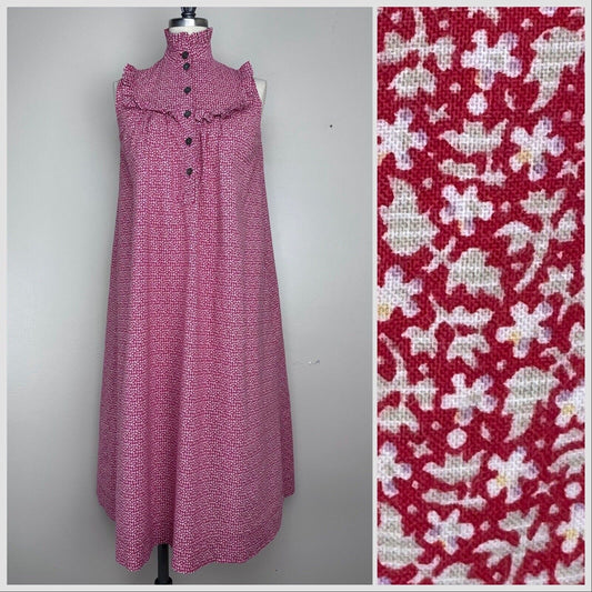 1980s Laura Ashley Prairie Smock Dress, Size XS, Sleeveless Red Floral High Neck