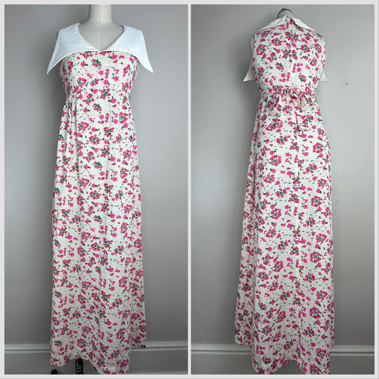 1970s Floral Maxi Dress with Huge Collar, Size Small