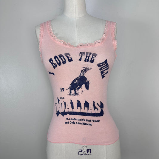 1980s Club Dallas Pink Tank Top with Lace Trim, Size XS, I Rode the Bull, Ft Lauderdale