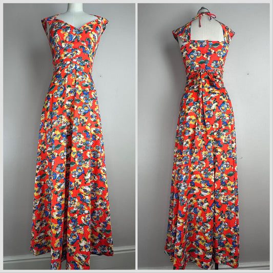 1970s Bright Orange Floral Maxi Dress, Size XS/Small