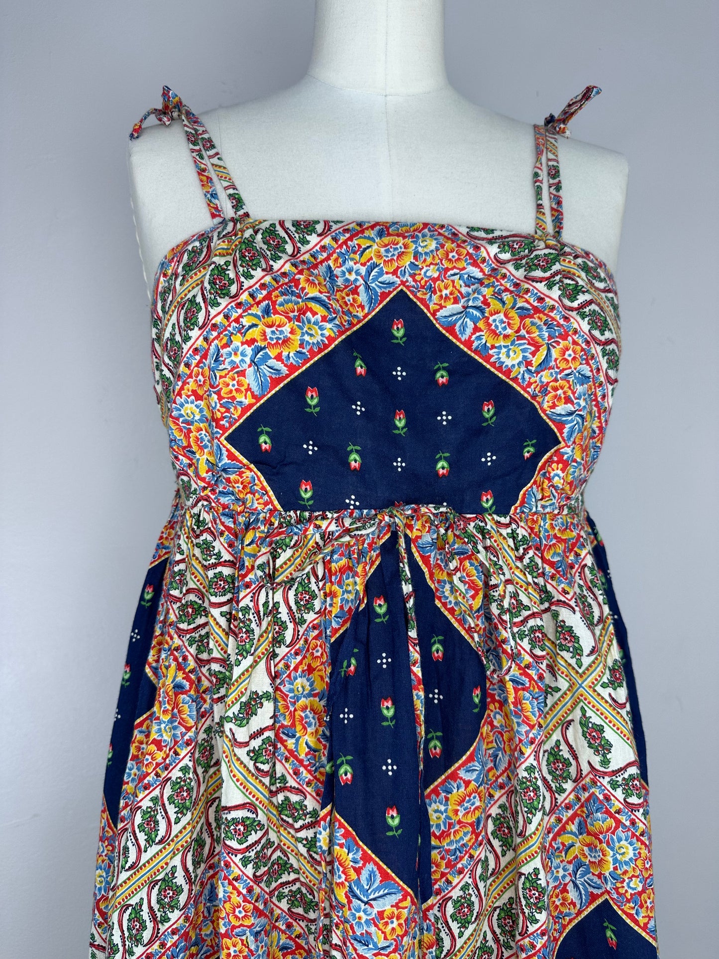 1970s Boho Scarf Print Maxi Dress, Handmade Size XXS Sundress