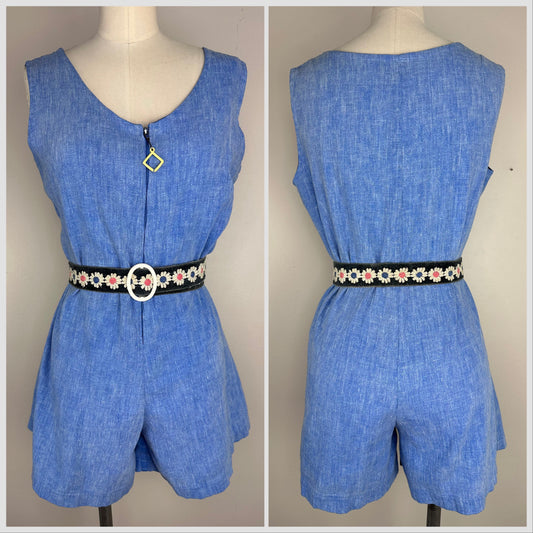 1960s Sleeveless Chambray Romper, Size Medium, Zip front