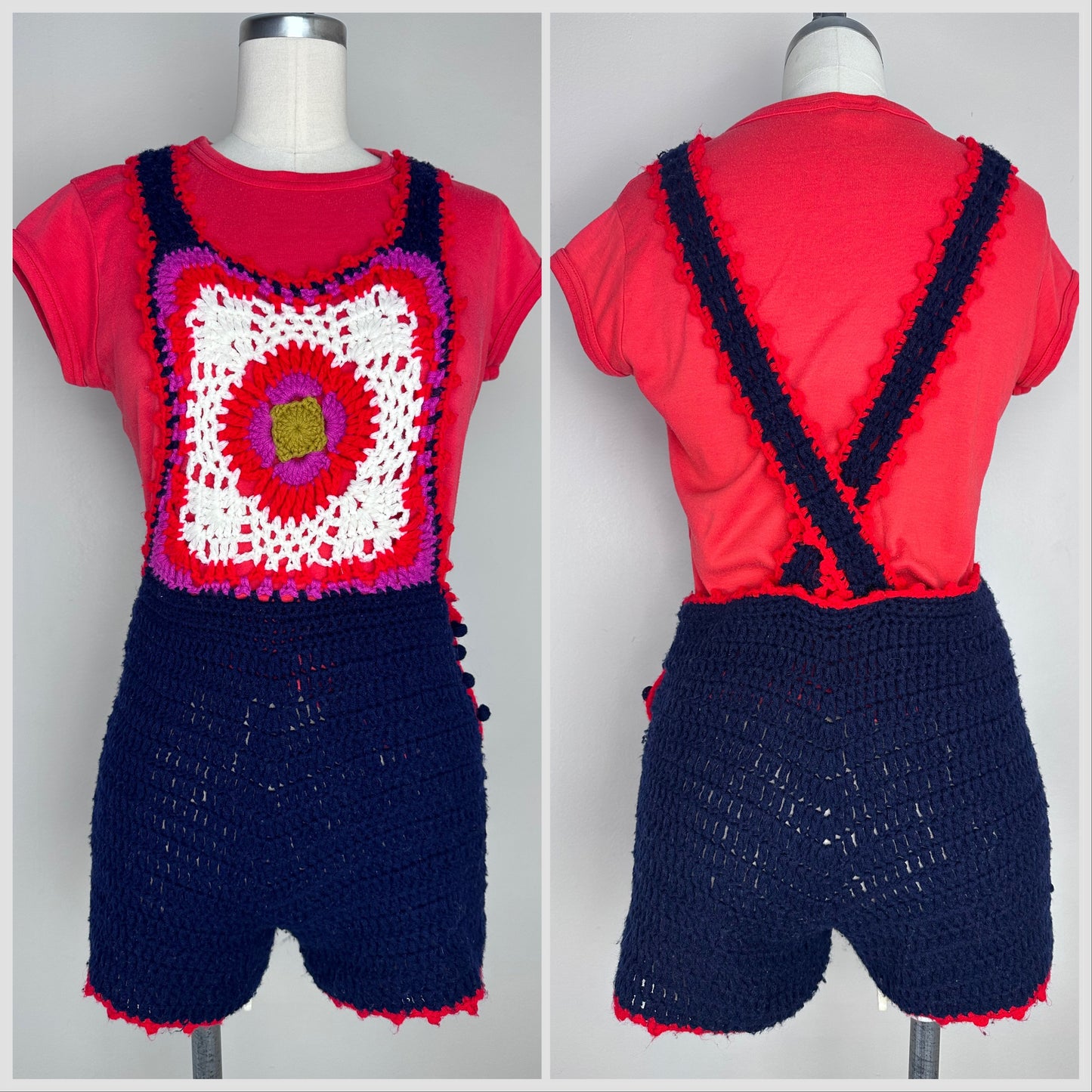 1960s Crochet Granny Square Shortalls, Size Small-Medium, Low Back Overall Side Button Shorts Romper