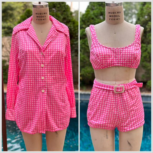 1960s Pink Gingham Bikini and Cover Up, Sears Size Small