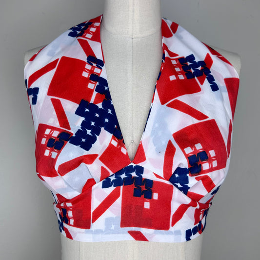 1970s Halter Top, Red White and Blue Geometric Print, Size Small
