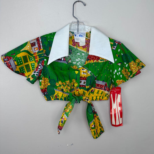 1970s Cropped Farm Print Blouse, Facho Petites by ME Size XS, Deadstock with Tag