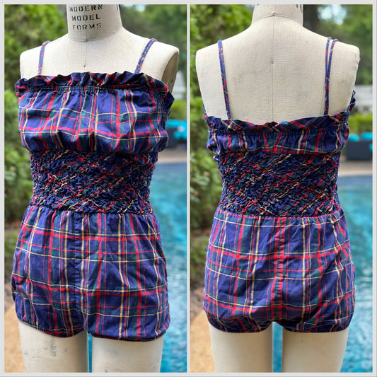 1950s Plaid Romper Swimsuit, Size XS, Playsuit