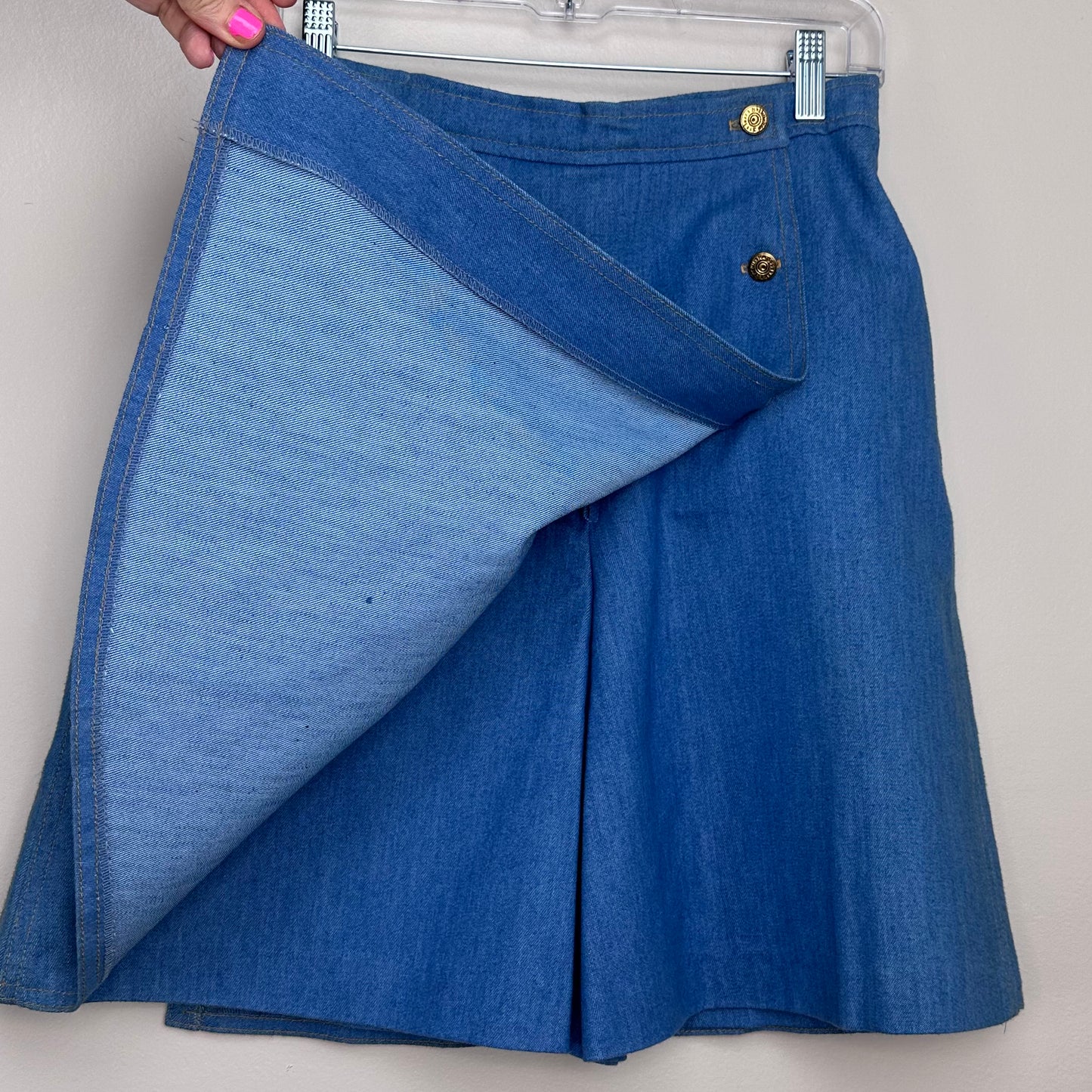 1970s Denim Skort, Four Seasons, 27" Waist, Butterfly Patch, Mini Skirt Shorts