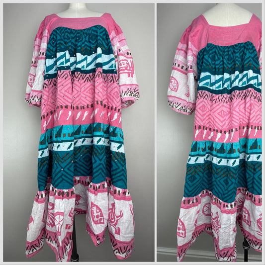 1970s Ramona Rull Muumuu Dress, Size L/XL, Pink and Green Stripe