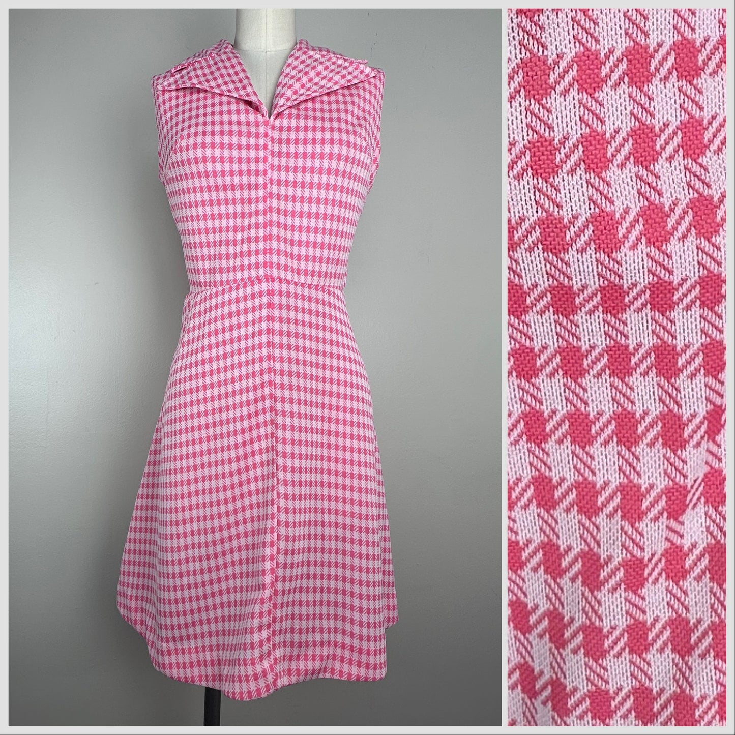 1970s Pink Shepherd’s Check Double Knit Dress, Lady Bonaire Size Small, Sleeveless with Large Collar