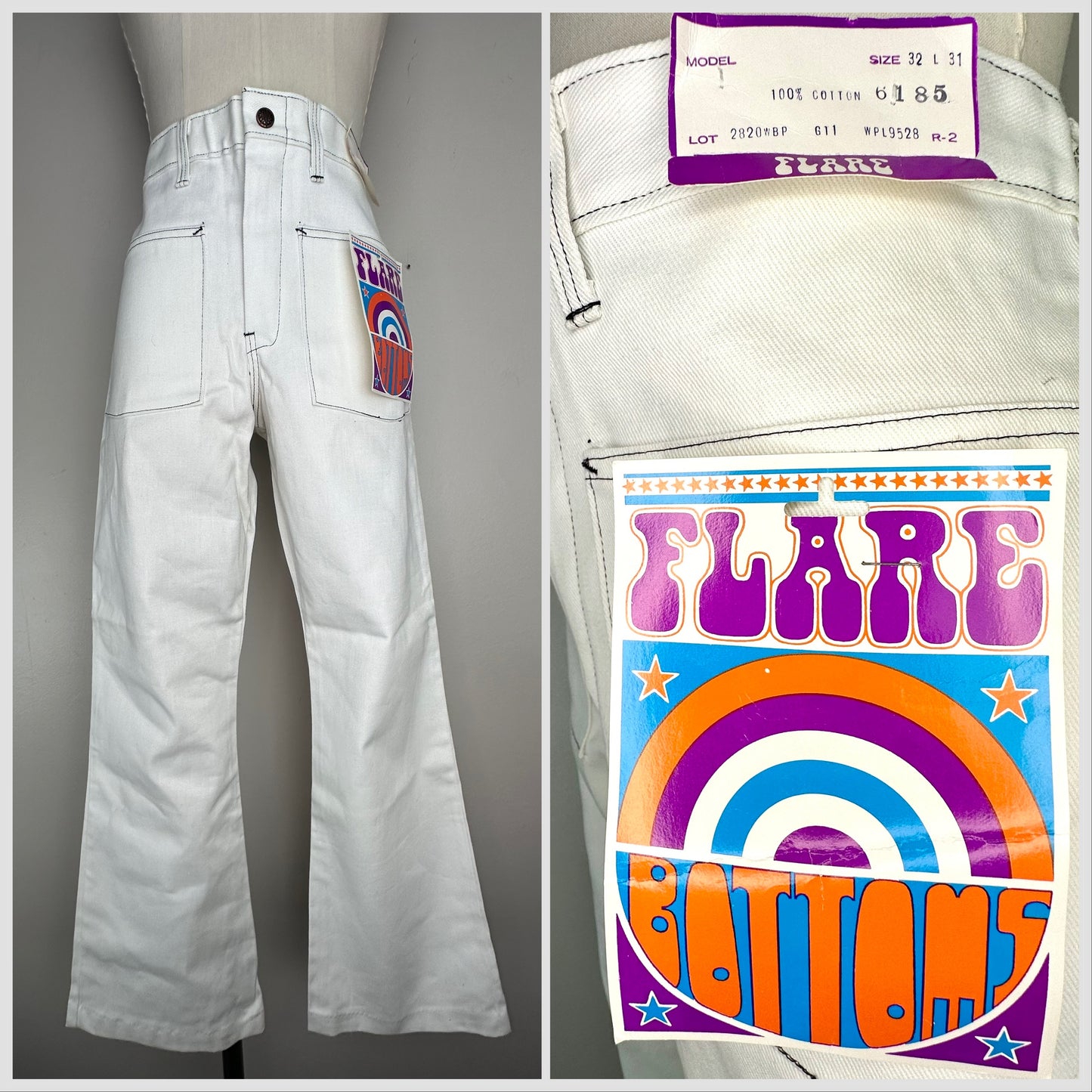 1960s Deadstock White Flare Bottoms Jeans, 32x29, Denim Bell Bottoms