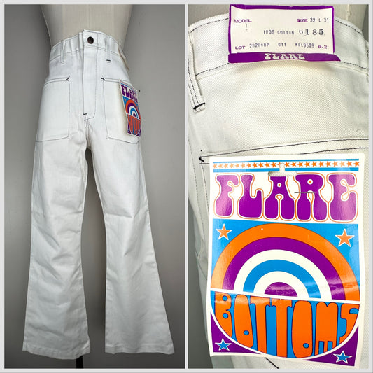 1960s Deadstock White Flare Bottoms Jeans, 32x29, Denim Bell Bottoms