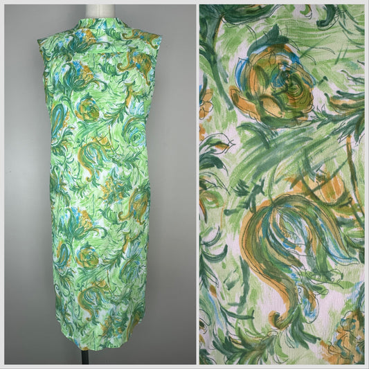 1960s Green Brushstroke Floral Shift Sleeveless Dress, Size S/M