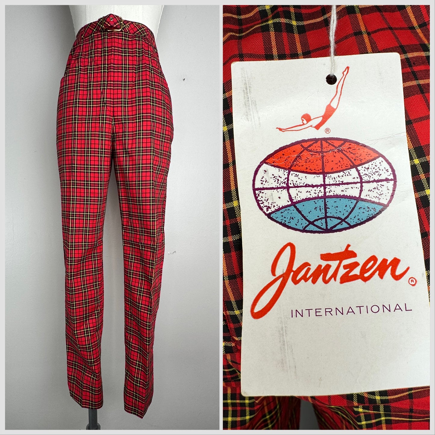 1950s Jantzen Red Plaid Pants, Size XS/S, Deadstock with Tags, Cotton Poplin Scottish Moor Anklers