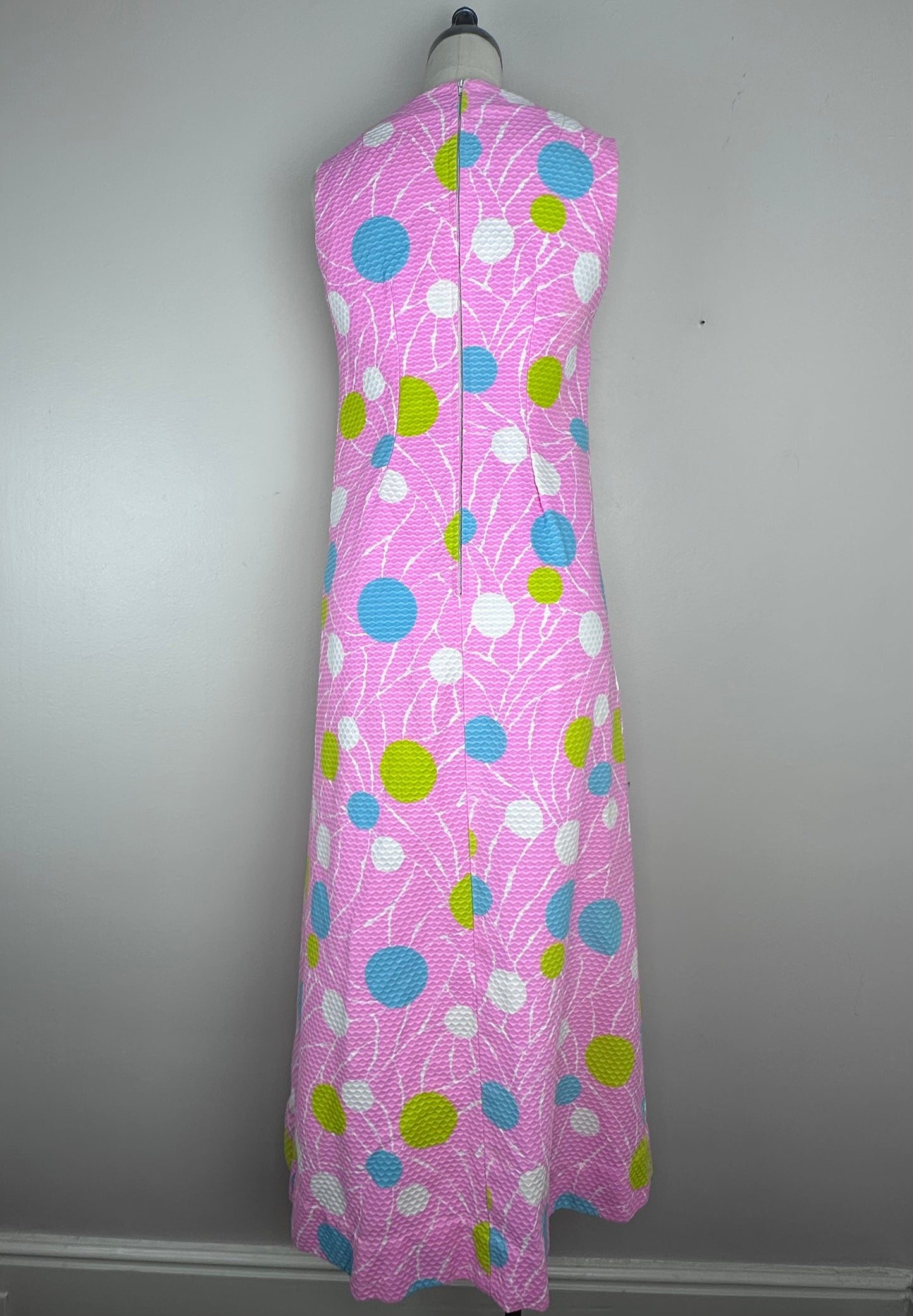 1960s Pink Geometric Print Sleeveless Maxi Dress, Size Small, Textured Cotton