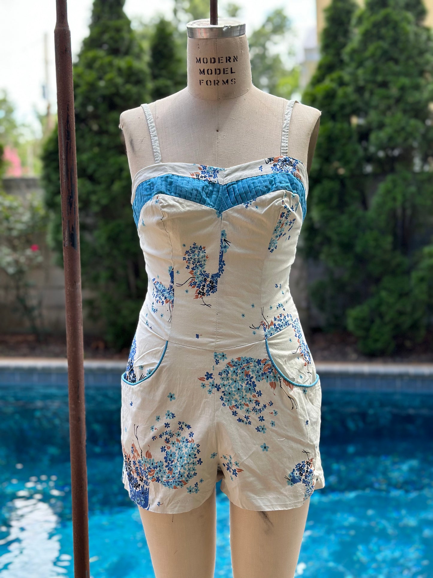 1950s Blue Floral Romper Swimsuit, Lee Swimplay Playsuit Size XS