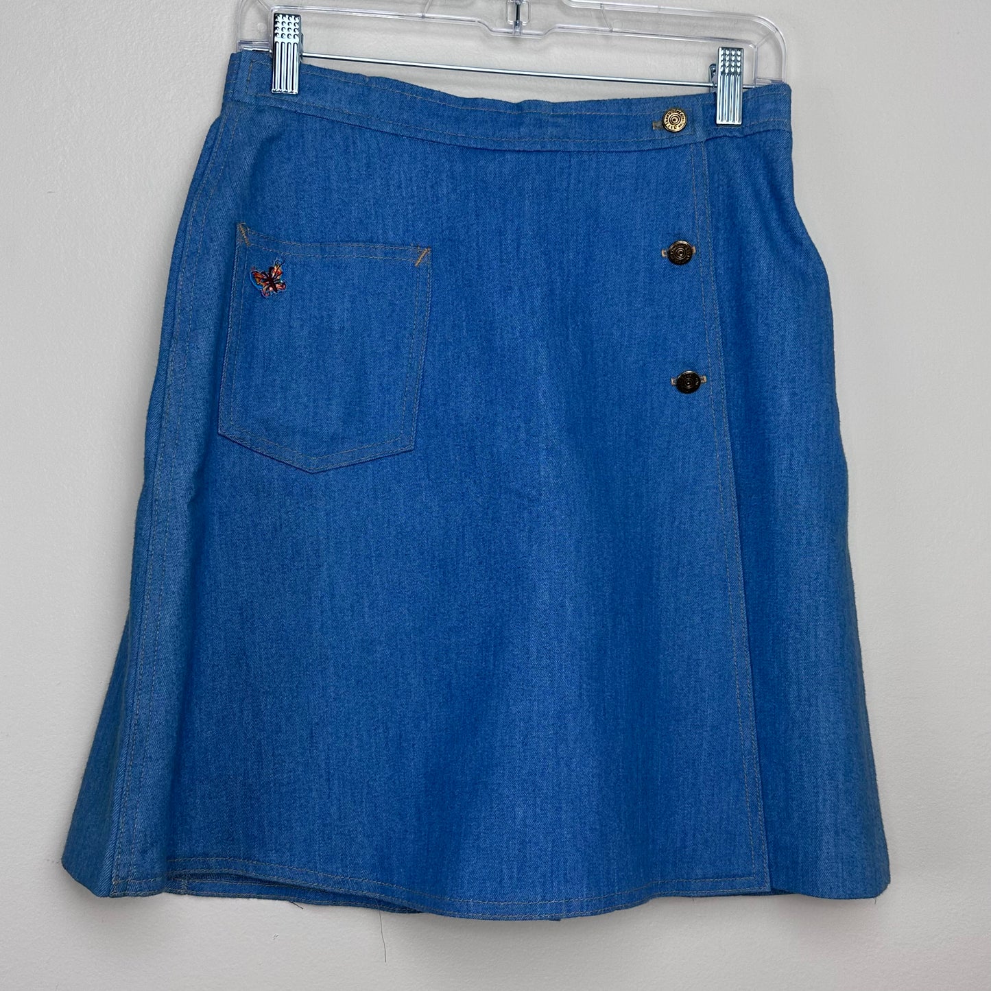 1970s Denim Skort, Four Seasons, 27" Waist, Butterfly Patch, Mini Skirt Shorts