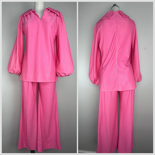 1960s/70s Pink Lurex Set, Tunic and Pants, Handmade Size Medium