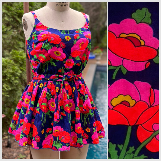 1960s/70s Neon Floral Romper Swimsuit, Sand Castle Size Medium C Cup, Bonwit Teller, Playsuit