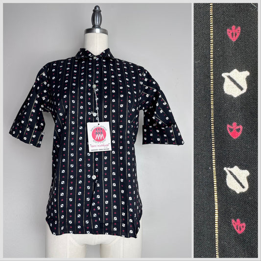 1950s Black Printed Blouse, Deadstock with Tags, Stratford Styled by Shirley Williams Size S/M