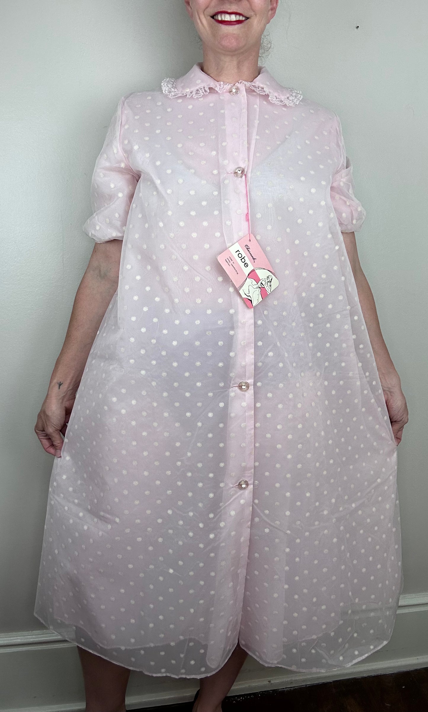 1950s Pastel Pink Flocked Robe, Charmode Size Medium, Deadstock with Tag