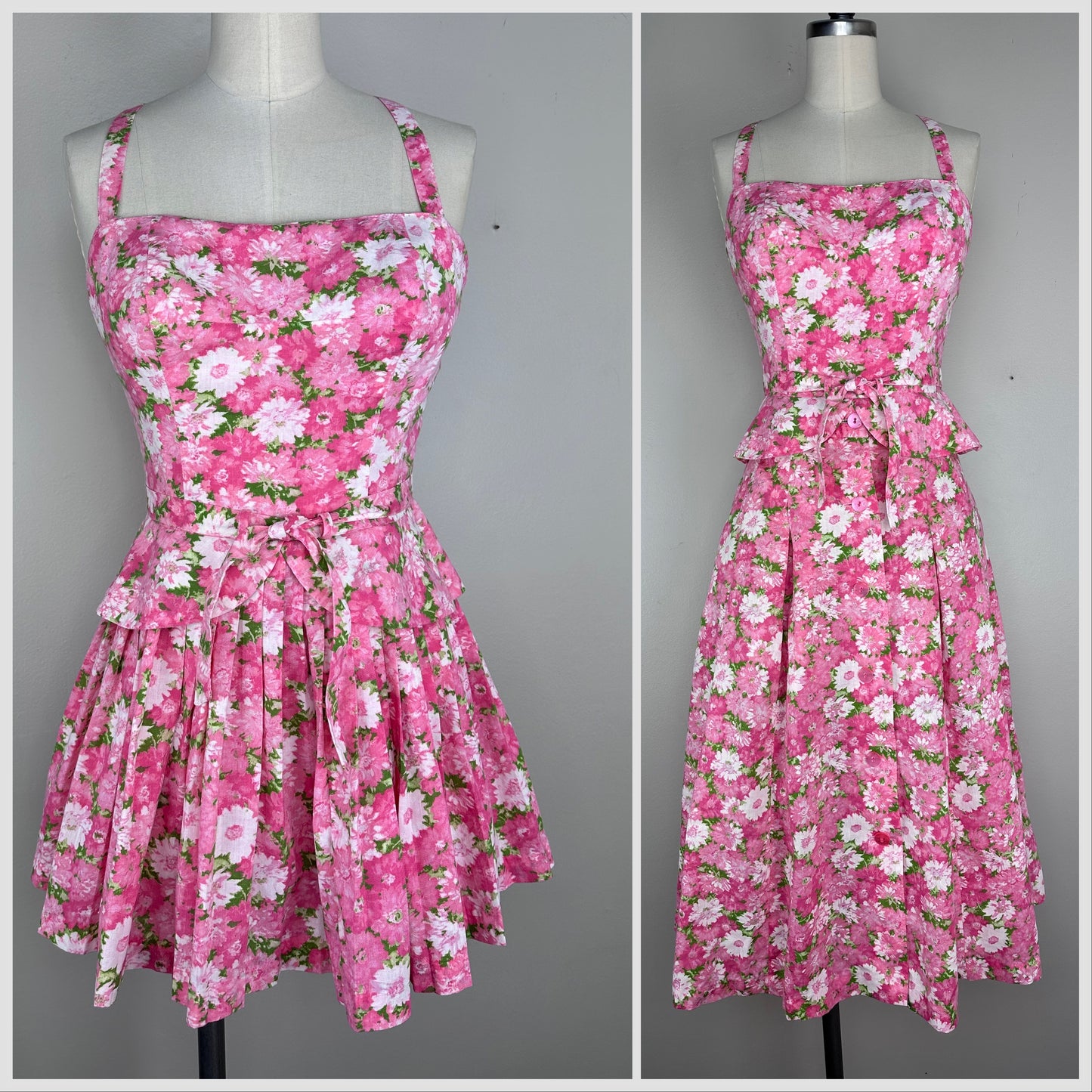 1950s Pink Floral Skirted Peplum Romper with Matching Midi Skirt, Gabar Size XS