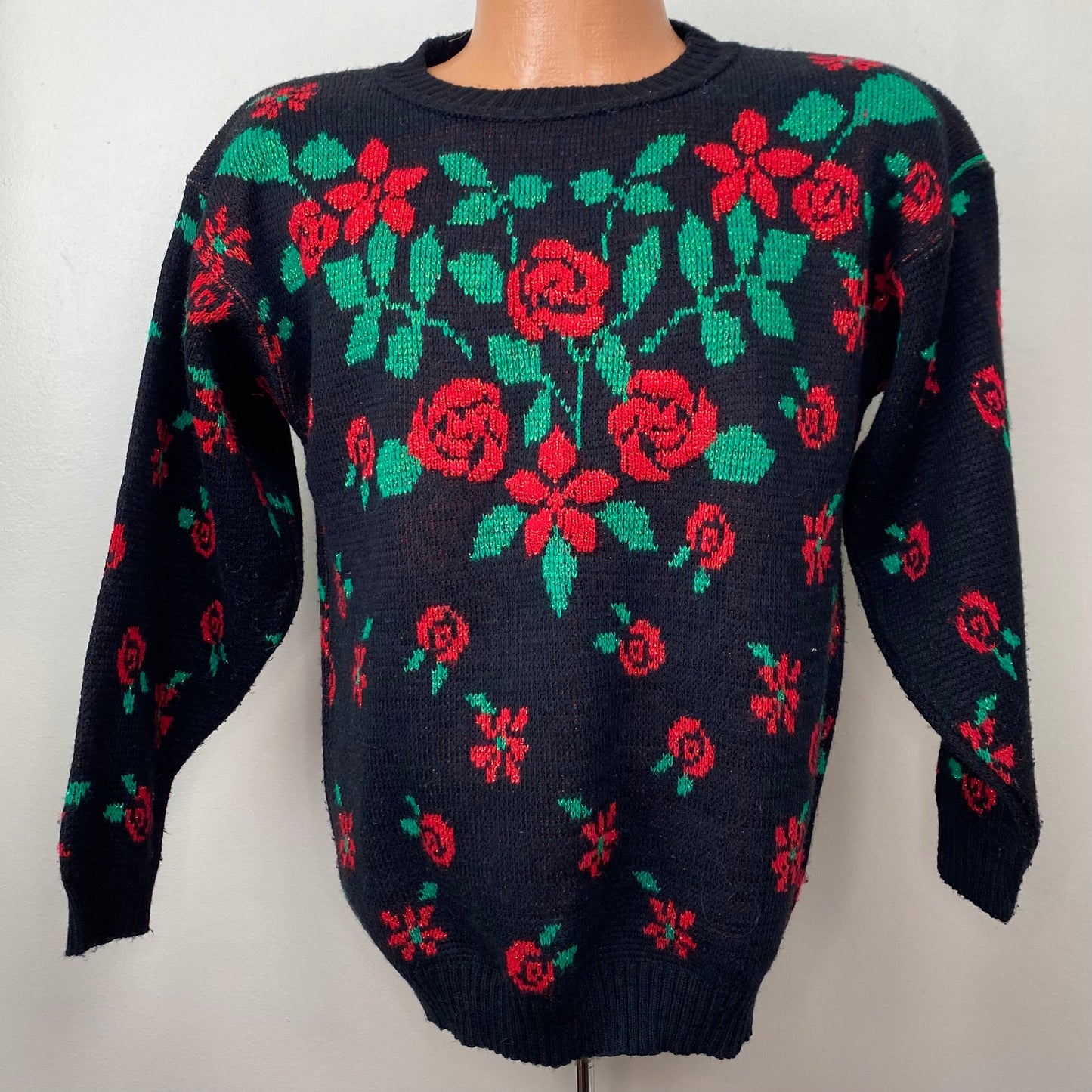 1980s Floral Sweater, GFC Size Medium, Red and Green Metallic Yarn Roses