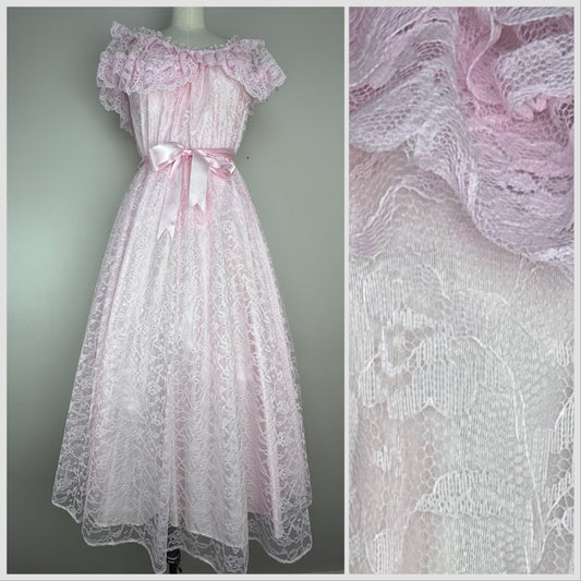 1980s Pastel Pink Lace Formal Dress, Steppin Out Size S-M, Midi Length