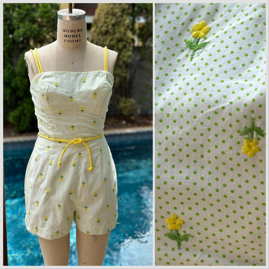 1960s Polka Dot with Floral Embroidery Romper Swimsuit, Sea Weeds Size XS-S, Beach Party Playsuit