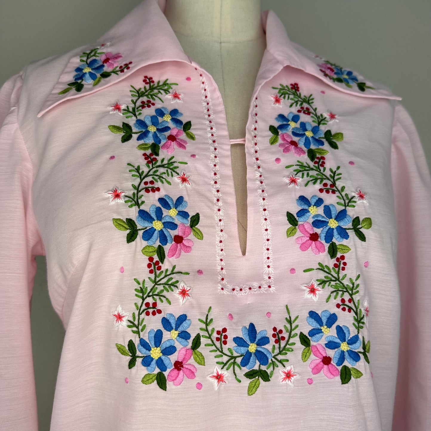 1970s Pastel Pink Hand Embroidered Peasant Blouse, Lily Size Small