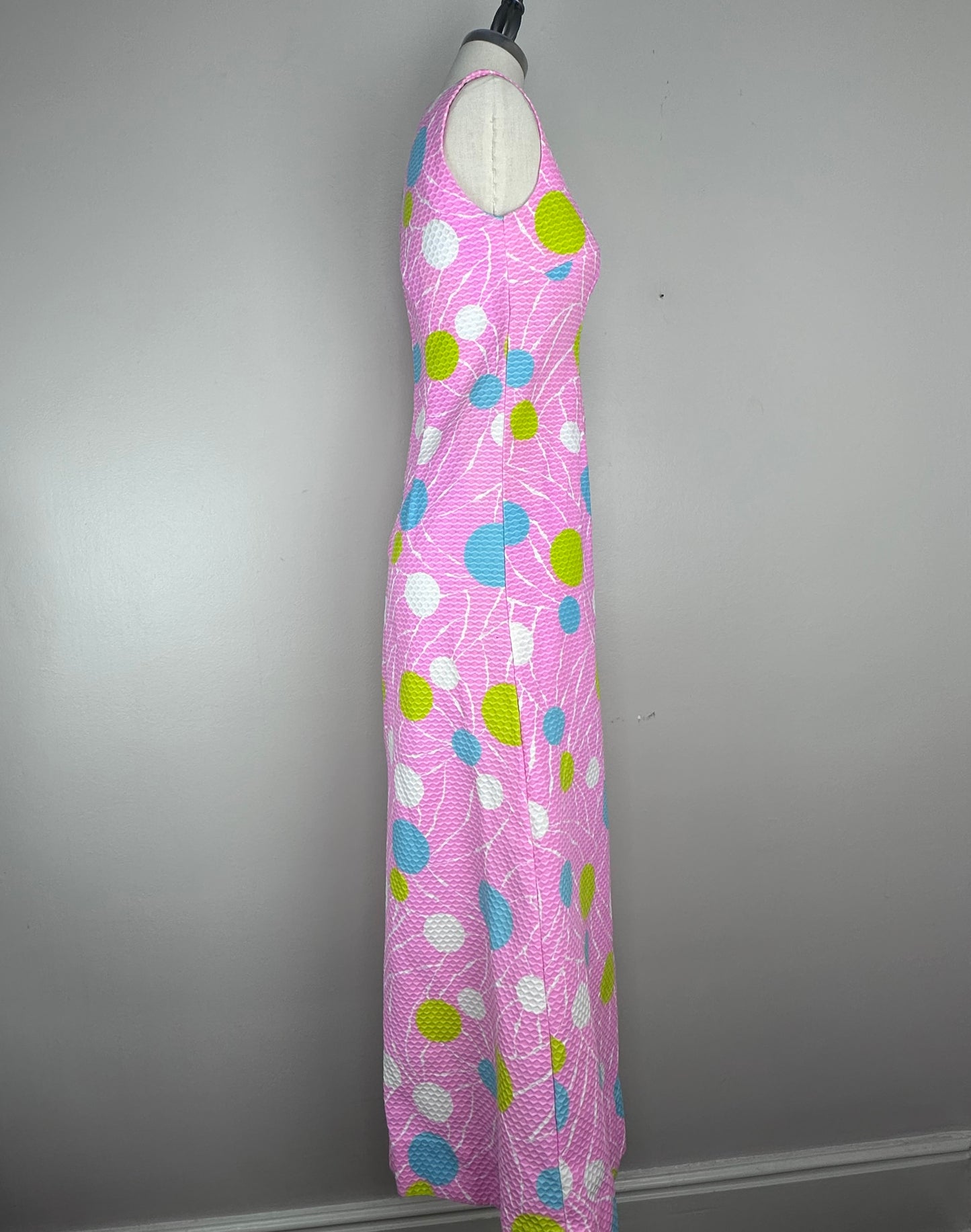 1960s Pink Geometric Print Sleeveless Maxi Dress, Size Small, Textured Cotton