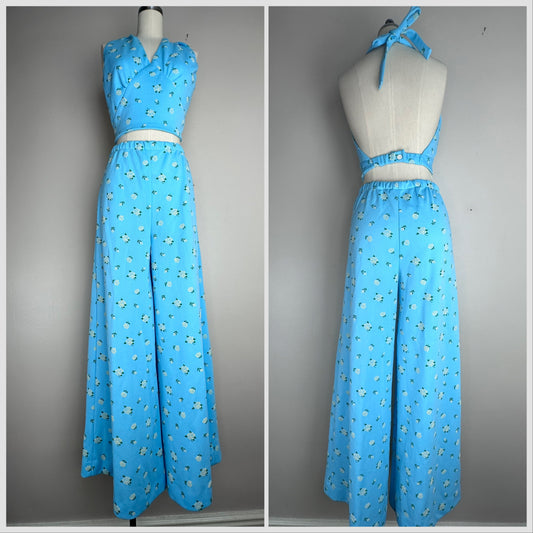 1970s Blue Flocked Floral Three Piece Set, Halter Top, Blouse, Wide Leg Pants, Sears Size Small-Medium