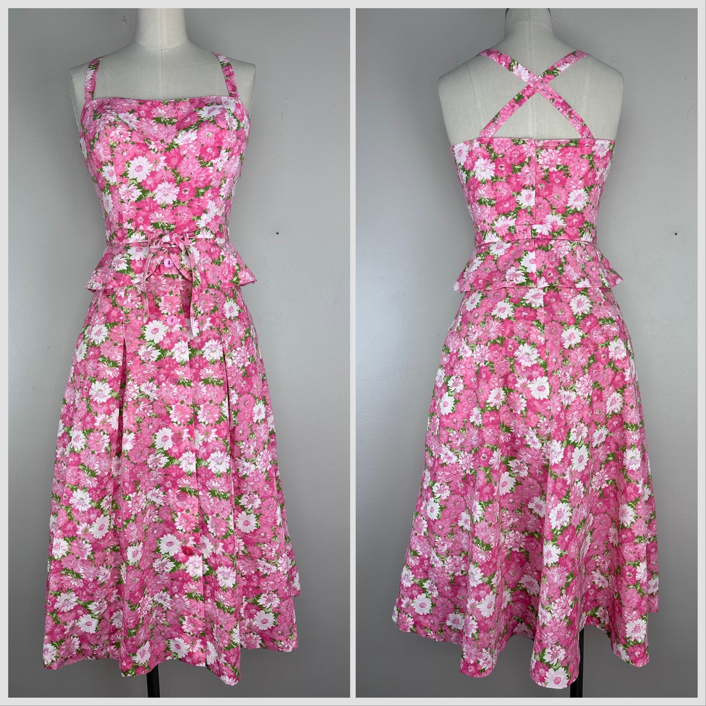 1950s Pink Floral Skirted Peplum Romper with Matching Midi Skirt, Gabar Size XS