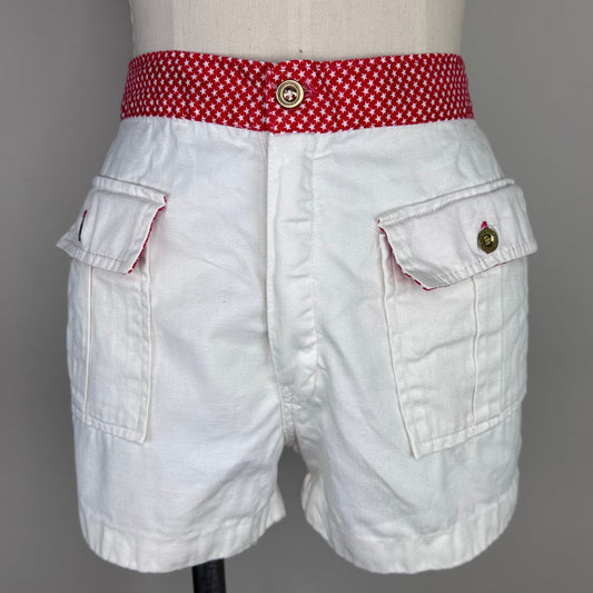 1970s White Shorts with Red Star Print Waistband, 29.5" waist